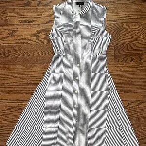 Donna Karen New York Striped Sleeveless cotton Dress ,White and Dark blue